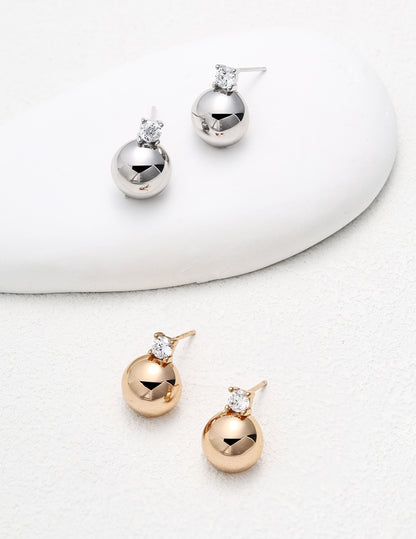 Gold Ball Stud Earrings with Diamond Accent