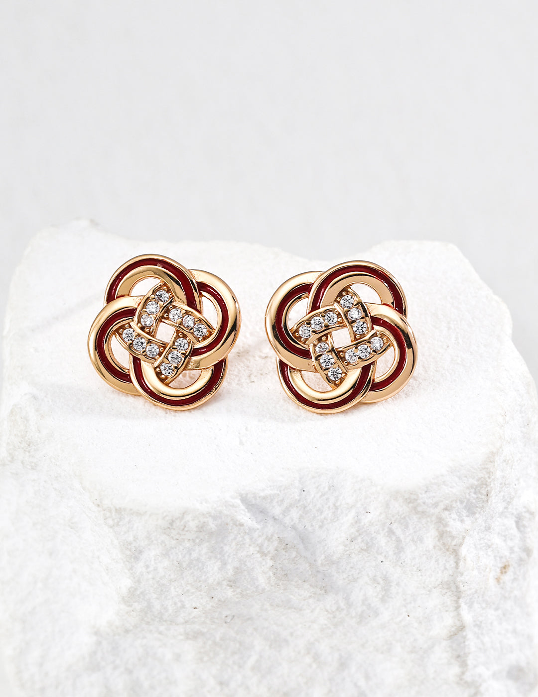 Vintage Gold Knot Stud Earrings with Crystal Detail