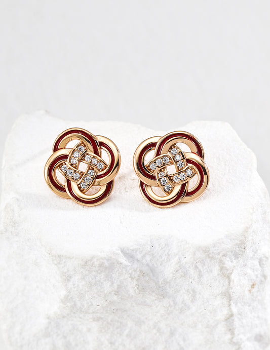 Vintage Gold Knot Stud Earrings with Crystal Detail