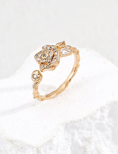 Floral Zircon Open Ring – Delicate Gold Flower Ring
