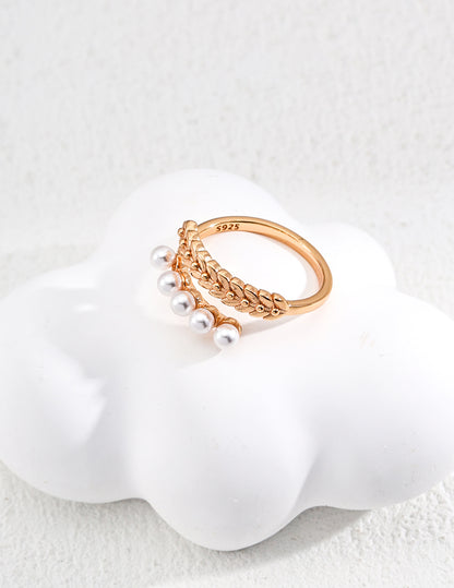 Vintage Leaf Faux Pearl Open Ring