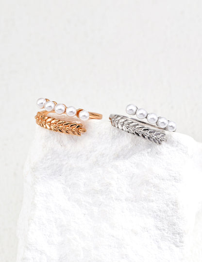 Vintage Leaf Faux Pearl Open Ring