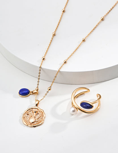 Vintage Gold Coin Necklace with Blue Stone Accent