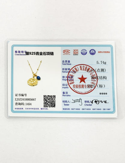 Vintage Gold Coin Necklace with Blue Stone Accent